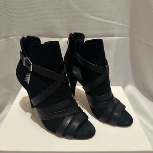 Vince Camuto Black Heeled Boots with Open Toe Strappy Design